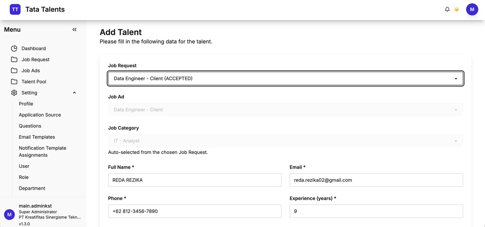 Add Talent form